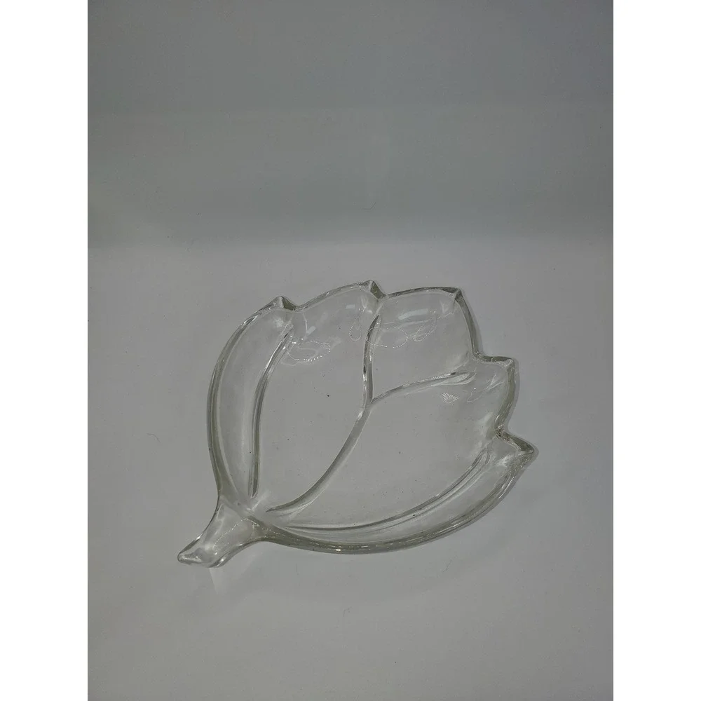 Vintage Clear Pressed Glass Leaf Divided Trinket Dish 3 Section Serving Tray 8in